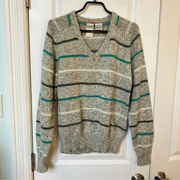 Vintage Strategy Wool Blend Gray Knit Striped V-neck Sweater - Picture 2 of 6